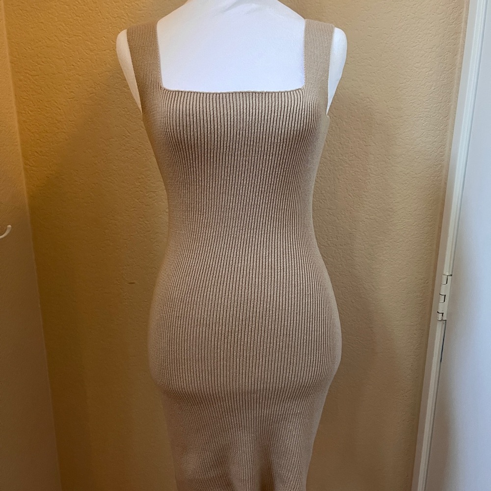Miou Muse Cotton Ribbed Mini Dress - Tan, camel, brown